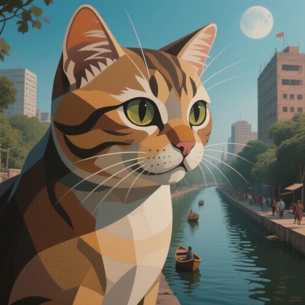 Shiner and Channel Cat in Dhaka, Bangladesh in the style of cubist