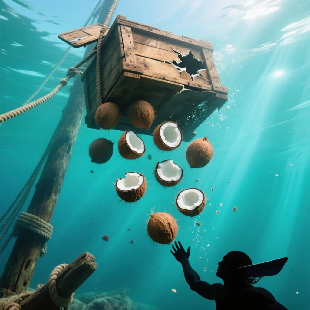 Underwater photography, film still from a castaway feature, shot from six metres down looking up toward the surface. A wooden crate has burst mid-sink: nine coconuts drift out of it, five still husked and pale brown, four split open and white, the split ones sinking faster than the whole ones. The crate hangs above them, lid half torn away, roped to a sunken mast that runs out of frame to the lower left. A swimmer silhouetted against the bright surface reaches down toward the nearest whole coconut, one fin missing. Blue green water column, sunbeams, drifting particles, natural light only.