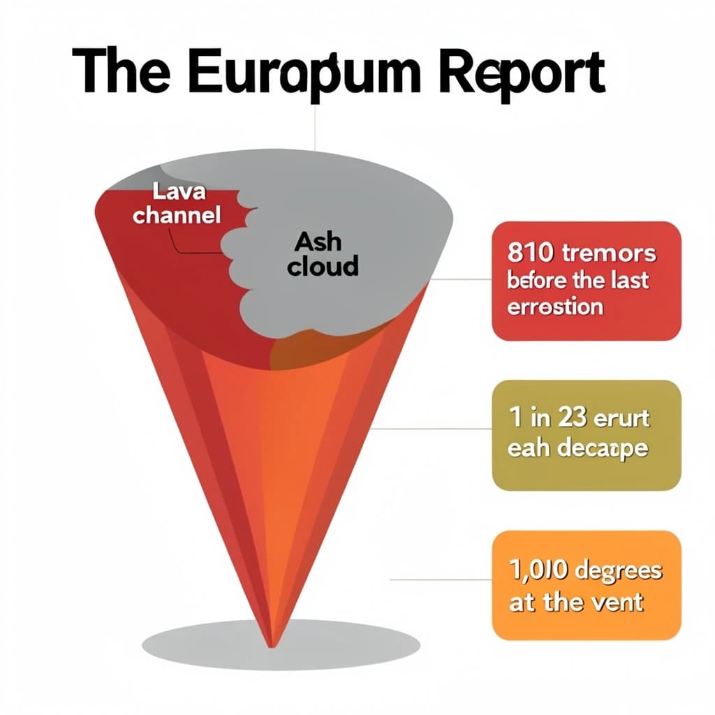 Flat vector illustration titled "The Eruption Report". A cutaway cone sits at the center, carrying three keyed regions, "Lava channel" shaded red, "Ash cloud" shaded gray and "Magma chamber" shaded orange. Three stat chips run down a right column, reading "810 tremors before the last eruption", "1 in 23 erupt each decade" and "1,000 degrees at the vent". Each key color matches the shading of the region it names.