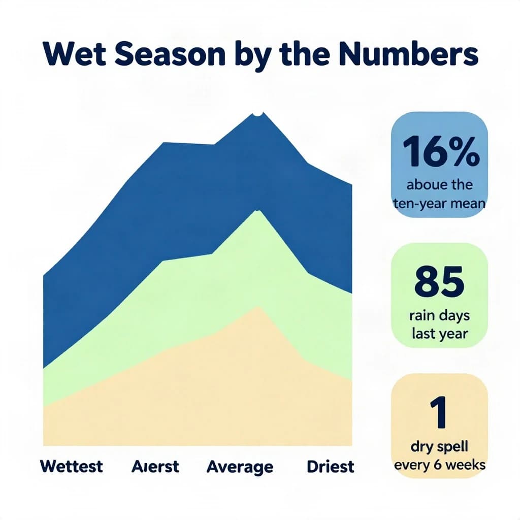 Flat vector illustration titled "Wet Season by the Numbers". A twelve-month rainfall timeline sits at the center, carrying three keyed regions, "Wettest" shaded dark blue, "Average" shaded pale green and "Driest" shaded sand. Three stat chips run down a right column, reading "16% above the ten-year mean", "85 rain days last year" and "1 dry spell every 6 weeks". Each key color matches the shading of the region it names.