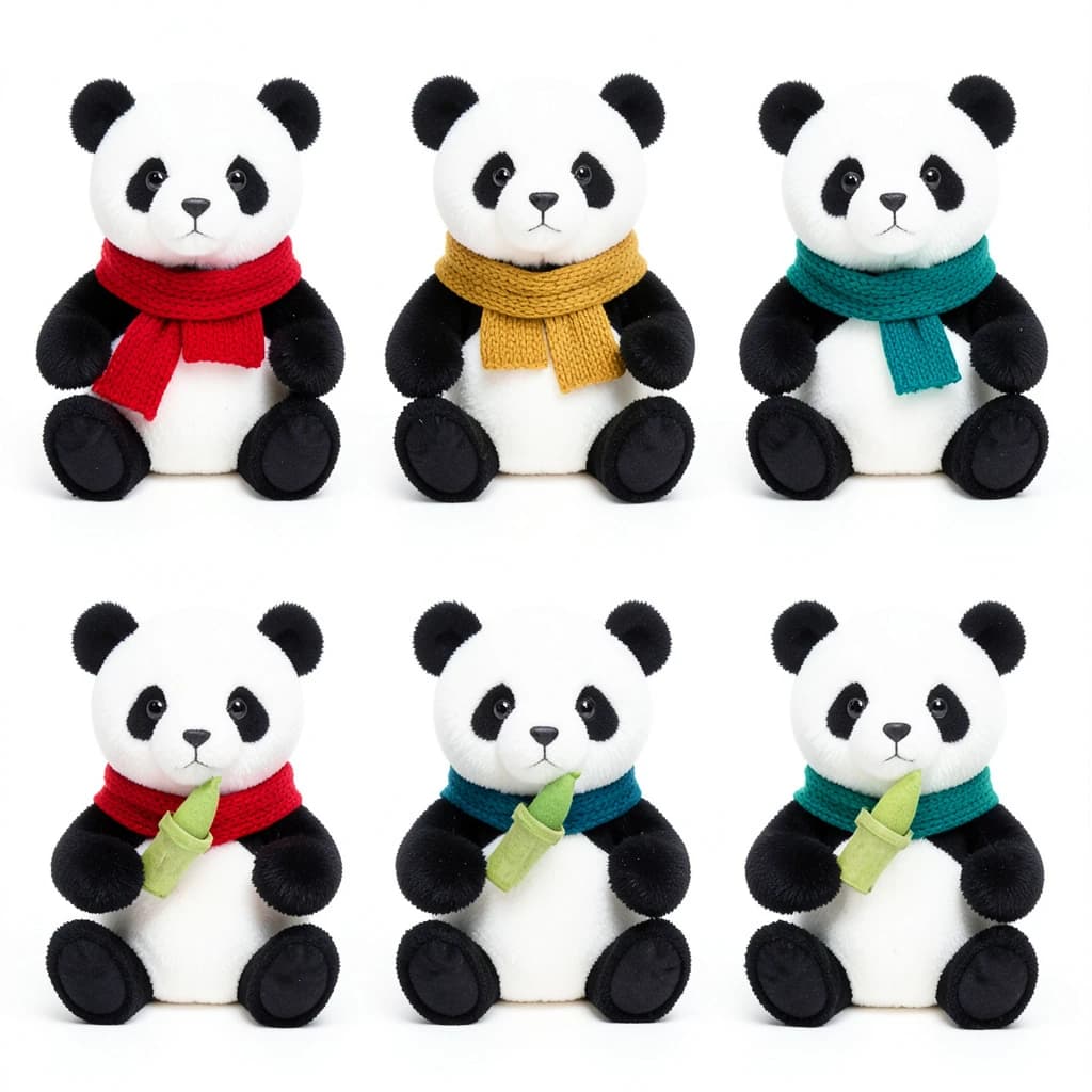 Studio product photography, plain white variant grid: six panda plushes in two rows of three, all seated facing camera. The top row wears knit scarves in red, mustard and teal. The bottom three wear no scarves, each holding a small felt bamboo shoot.