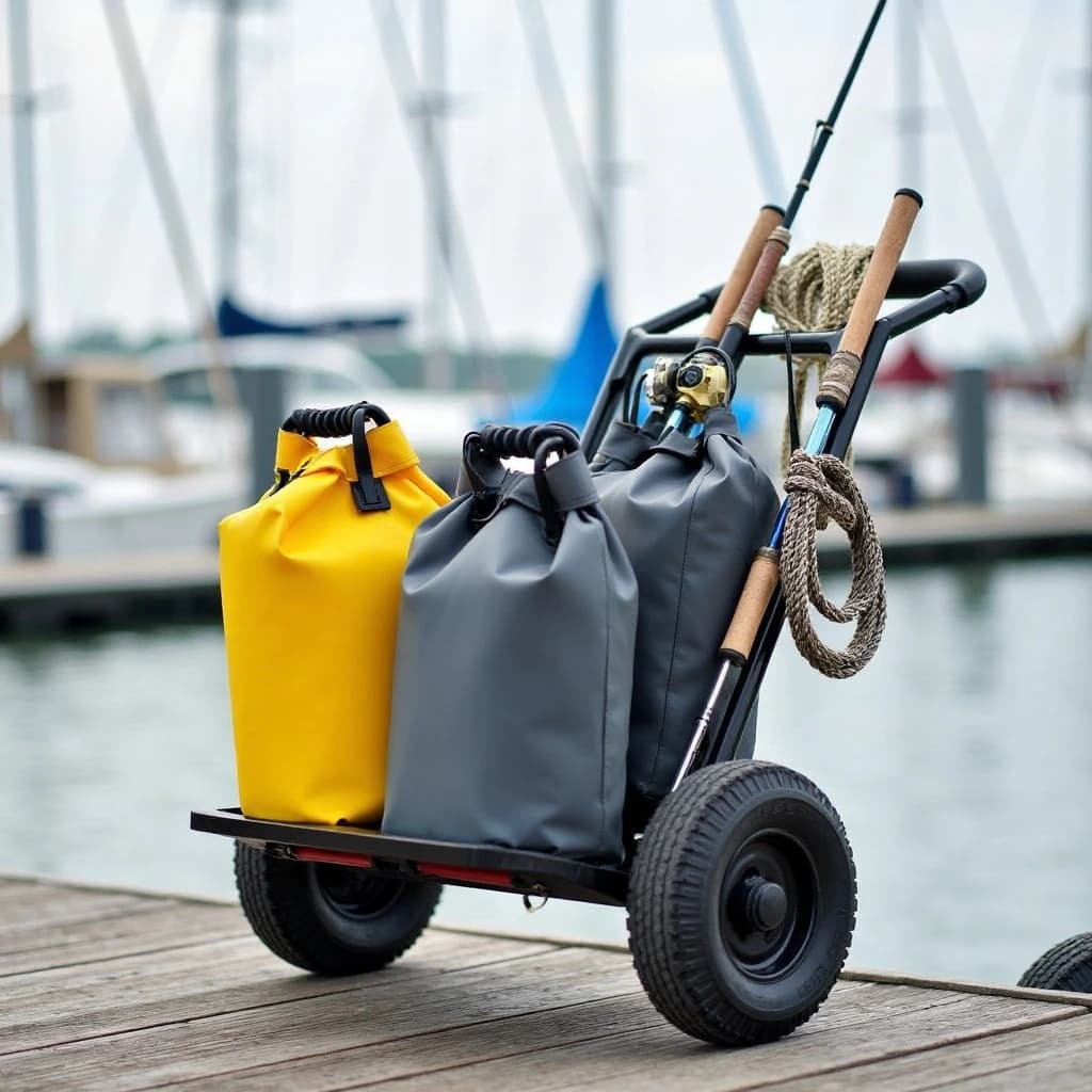 Lifestyle listing photo on a marina dock: a folding dock cart holding three dry bags, the largest yellow and the two smaller ones grey, two fishing rods leaning against the handle, and one coiled dock line hanging from the front rail. Masts blurred behind.