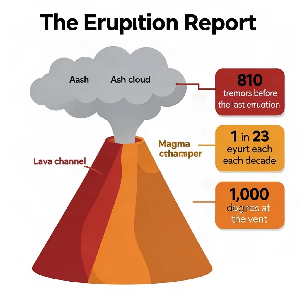 Flat vector illustration titled "The Eruption Report". A cutaway cone sits at the center, carrying three keyed regions, "Lava channel" shaded red, "Ash cloud" shaded gray and "Magma chamber" shaded orange. Three stat chips run down a right column, reading "810 tremors before the last eruption", "1 in 23 erupt each decade" and "1,000 degrees at the vent". Each key color matches the shading of the region it names.