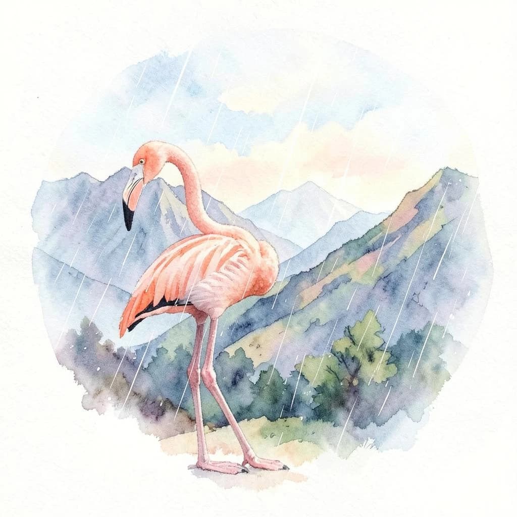 flamingo, mountain ridge, light rain, off-center framing with negative space, watercolor, soft edges