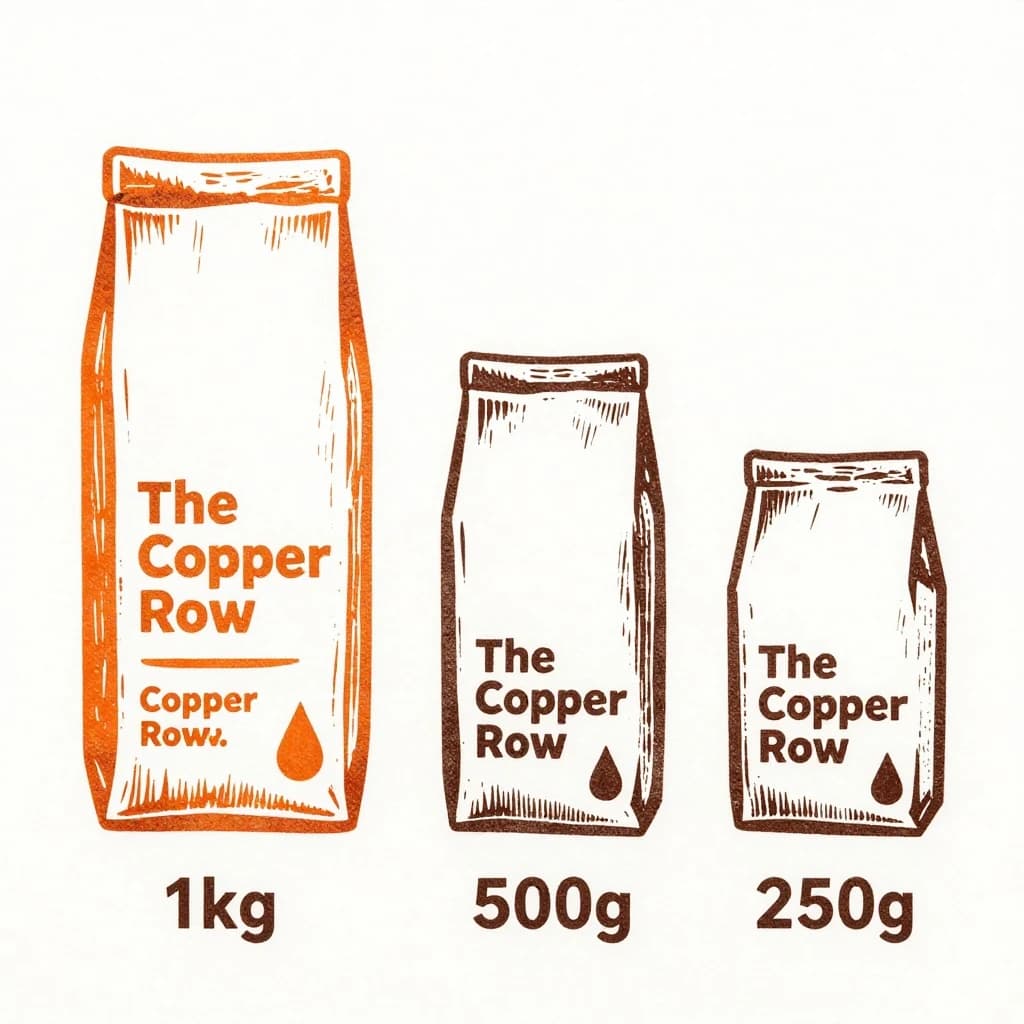 Linocut print: one coffee bag in three sizes. The sizes are captioned "1kg", "500g" and "250g" in that order. The wordmark "The Copper Row" appears on every size with a single droplet symbol beside it. The orange-and-brown coloring is the same across every size, and only the bag size changes.