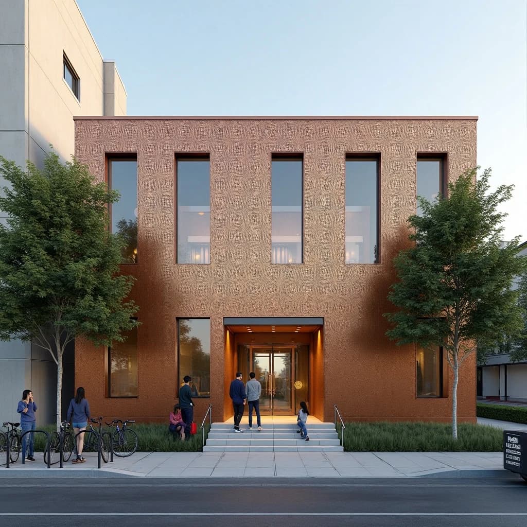 Photorealistic exterior render, late afternoon, of a small civic library clad in perforated bronze panels whose holes form a halftone pattern, dense and dark at the base and fading to sparse near the parapet.
Nine panels span the main facade in three bays of three, and the middle bay slides open to reveal clear glazing behind. Two street trees stand in front, the taller one shading the entrance stair, the shorter one set back beside a bike rack holding four bikes. Five people on the stair, three climbing and two seated near the handrail. One flagpole, bare.