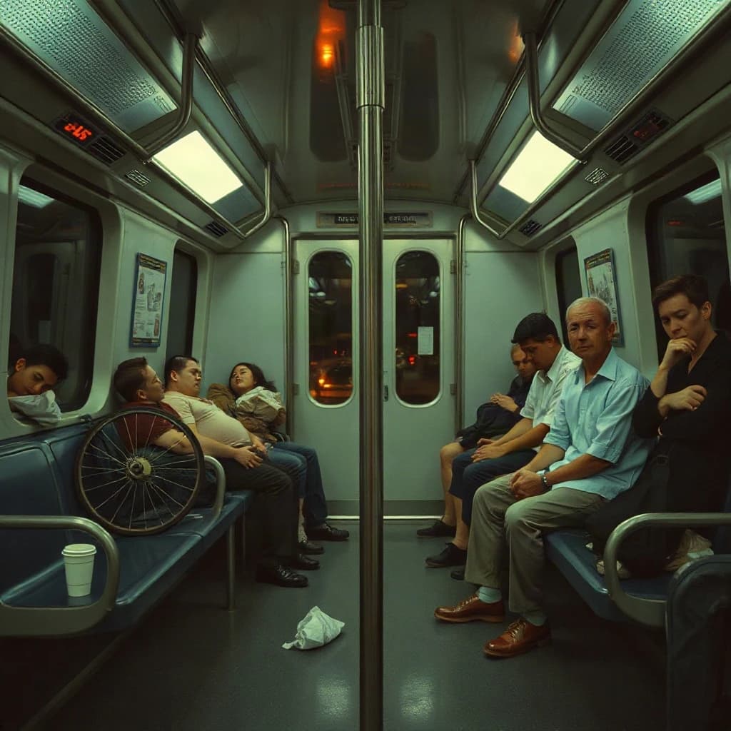Cinematic photograph inside a late night subway car, handheld, lit only by flickering ceiling strips and orange platform light sliding past the windows. Nine passengers down the car: the three on the left bench all sleep with heads tipped at different angles, the four on the right bench are awake, one folding a paper bag, one holding a bike wheel upright between his knees, one wrapping her own wrist in tape, one staring straight into the lens. Two more stand at the far doors gripping the same pole with a violin case wedged between them. An empty seat beside the nearest sleeper, a coffee cup rolling under it.