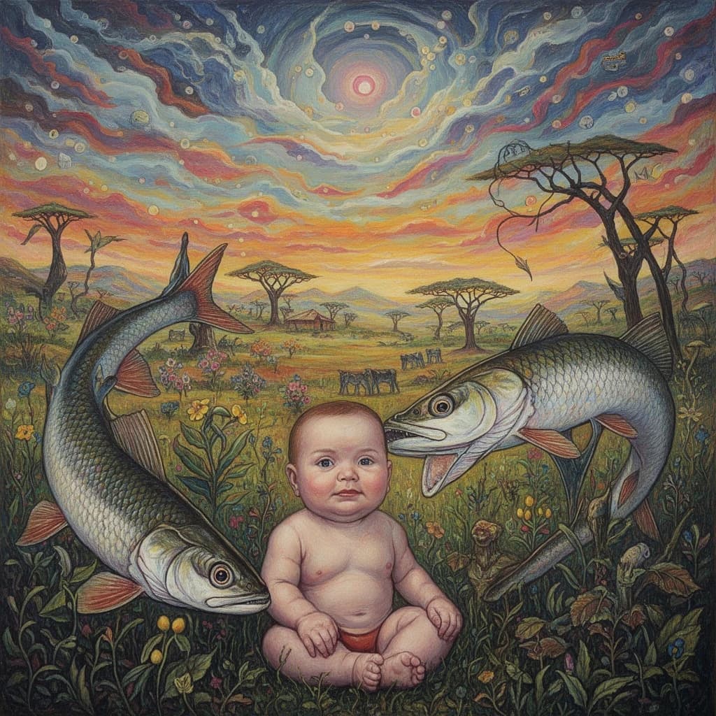 Baby and Garpike in Nairobi, Kenya in the style of surrealist