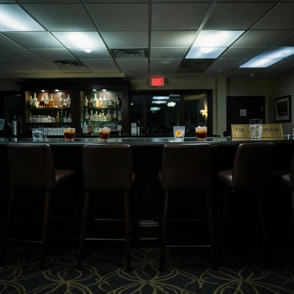 Liminal space photograph of a hotel bar at four in the morning, humming fluorescent ceiling panels, patterned carpet running off frame, nobody in sight. Eleven identical barstools stand in one unbroken row along the counter, only the fifth pulled out and turned. Three finished old fashioneds sit spaced along the bar, each down to melted ice and a single orange peel, and a fourth glass, freshly poured and still clear, waits at the far end beside a small brass sign reading "THE LATE ROOM".