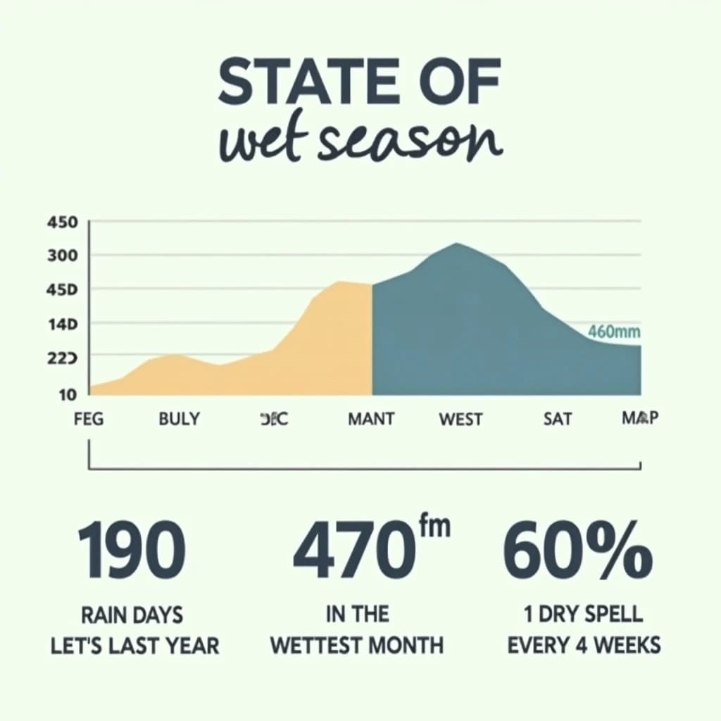 Flat vector illustration titled "State of Wet Season": at the center a twelve-month rainfall timeline, carrying two keyed regions, "Driest" shaded sand and "Wettest" shaded dark blue, beside a bottom row of three stat chips reading "190 rain days last year", "470mm in the wettest month" and "1 dry spell every 4 weeks".