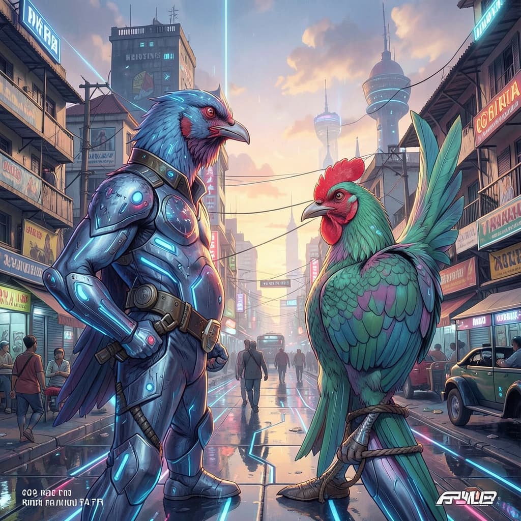 Feeler and Cock in Dhaka, Bangladesh in the style of futurism