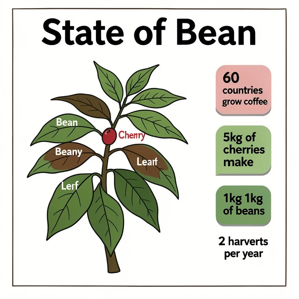 Printed poster titled "State of Bean": at the center a labeled coffee-plant diagram, carrying three keyed regions, "Bean" shaded brown, "Cherry" shaded red and "Leaf" shaded green, beside a right column of three stat chips reading "60 countries grow coffee", "5kg of cherries make 1kg of beans" and "2 harvests per year".