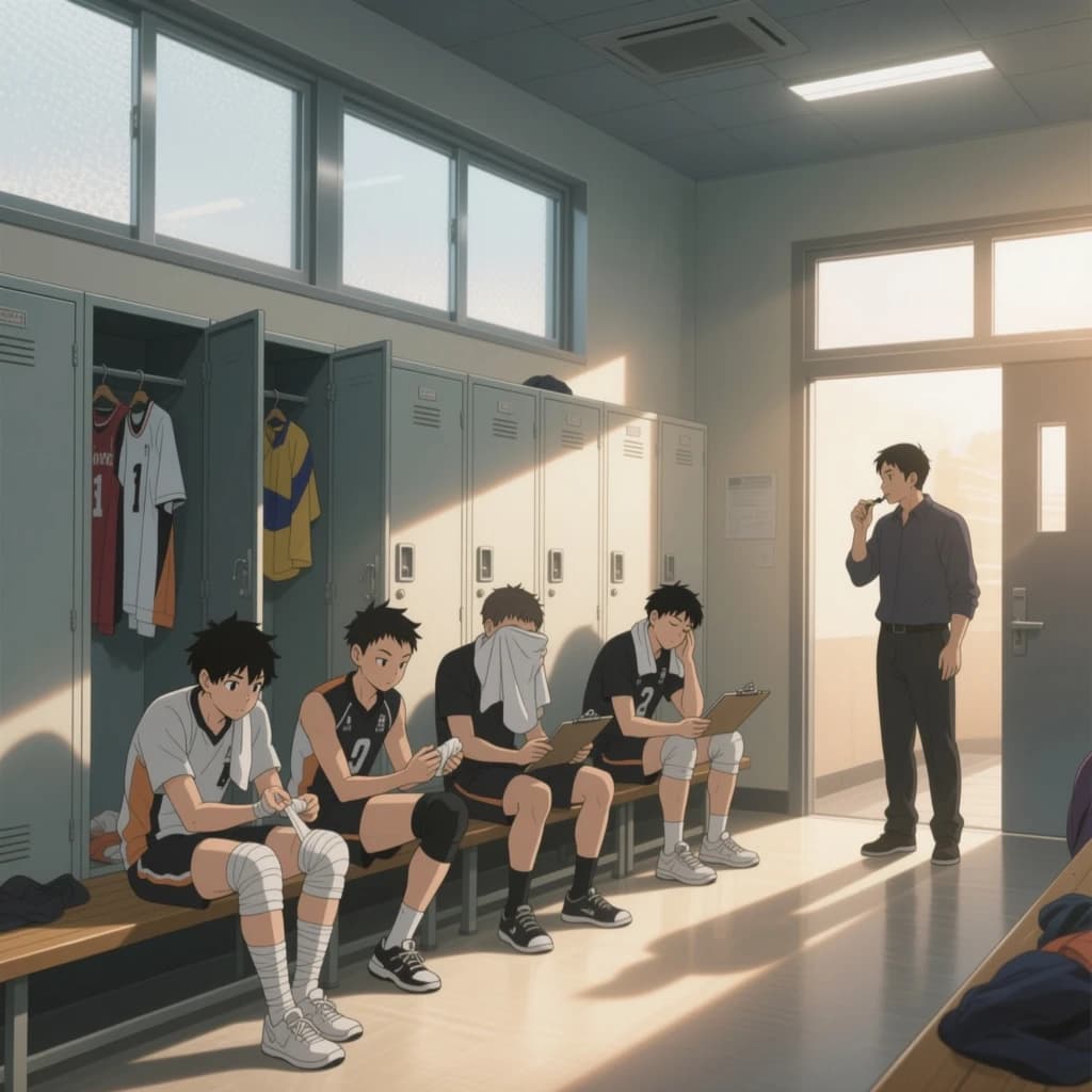 Modern anime interior for a high school volleyball series, wide view down a team locker room after practice. Eight lockers along the back wall in two banks of four, the three on the far left hanging open with jerseys spilling out and the rest shut. Four players occupy the foreground bench: the setter re-taping two fingers, the libero pulling on a knee sleeve, the captain reading a clipboard, and a first year asleep sitting upright with a towel over his face. A coach stands in the right doorway holding a whistle, half in shadow. Warm late-sun bars fall through high frosted windows, cel shading, clean bold linework.