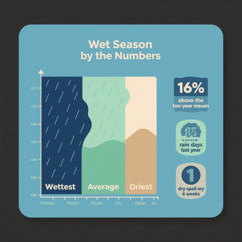 Flat vector illustration titled "Wet Season by the Numbers". A twelve-month rainfall timeline sits at the center, carrying three keyed regions, "Wettest" shaded dark blue, "Average" shaded pale green and "Driest" shaded sand. Three stat chips run down a right column, reading "16% above the ten-year mean", "85 rain days last year" and "1 dry spell every 6 weeks". Each key color matches the shading of the region it names.