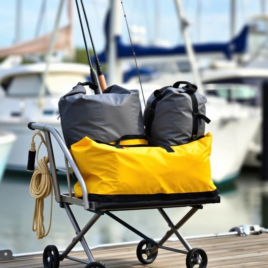 Lifestyle listing photo on a marina dock: a folding dock cart holding three dry bags, the largest yellow and the two smaller ones grey, two fishing rods leaning against the handle, and one coiled dock line hanging from the front rail. Masts blurred behind.