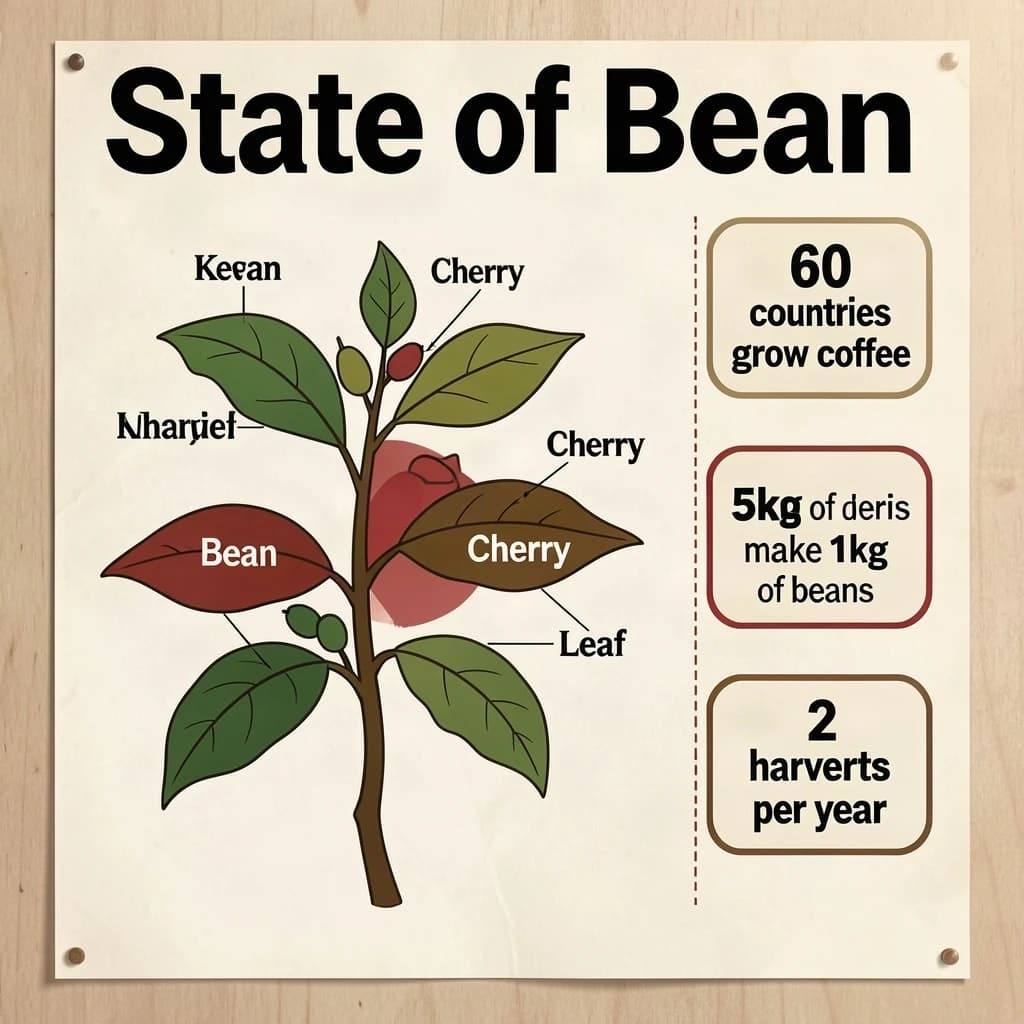 Printed poster titled "State of Bean": at the center a labeled coffee-plant diagram, carrying three keyed regions, "Bean" shaded brown, "Cherry" shaded red and "Leaf" shaded green, beside a right column of three stat chips reading "60 countries grow coffee", "5kg of cherries make 1kg of beans" and "2 harvests per year".