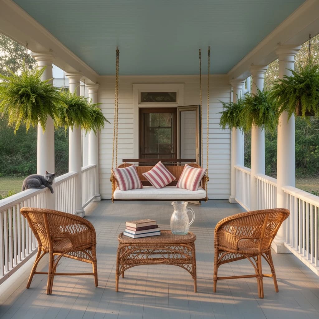 Real estate photograph of the wraparound porch on a restored Louisiana cottage, late afternoon. A cypress porch swing hangs on brass chains at the far end with three striped cushions on it, the middle cushion propped upright. Six turned columns run the length of the porch, ferns hanging between the first, third and fifth. Two wicker chairs face the swing across a low rattan table holding a stack of three books and a sweating glass pitcher. A grey cat sleeps on the rail nearest the steps, the screen door behind the swing standing half open. Low sun striping the painted floorboards, pale blue ceiling above.