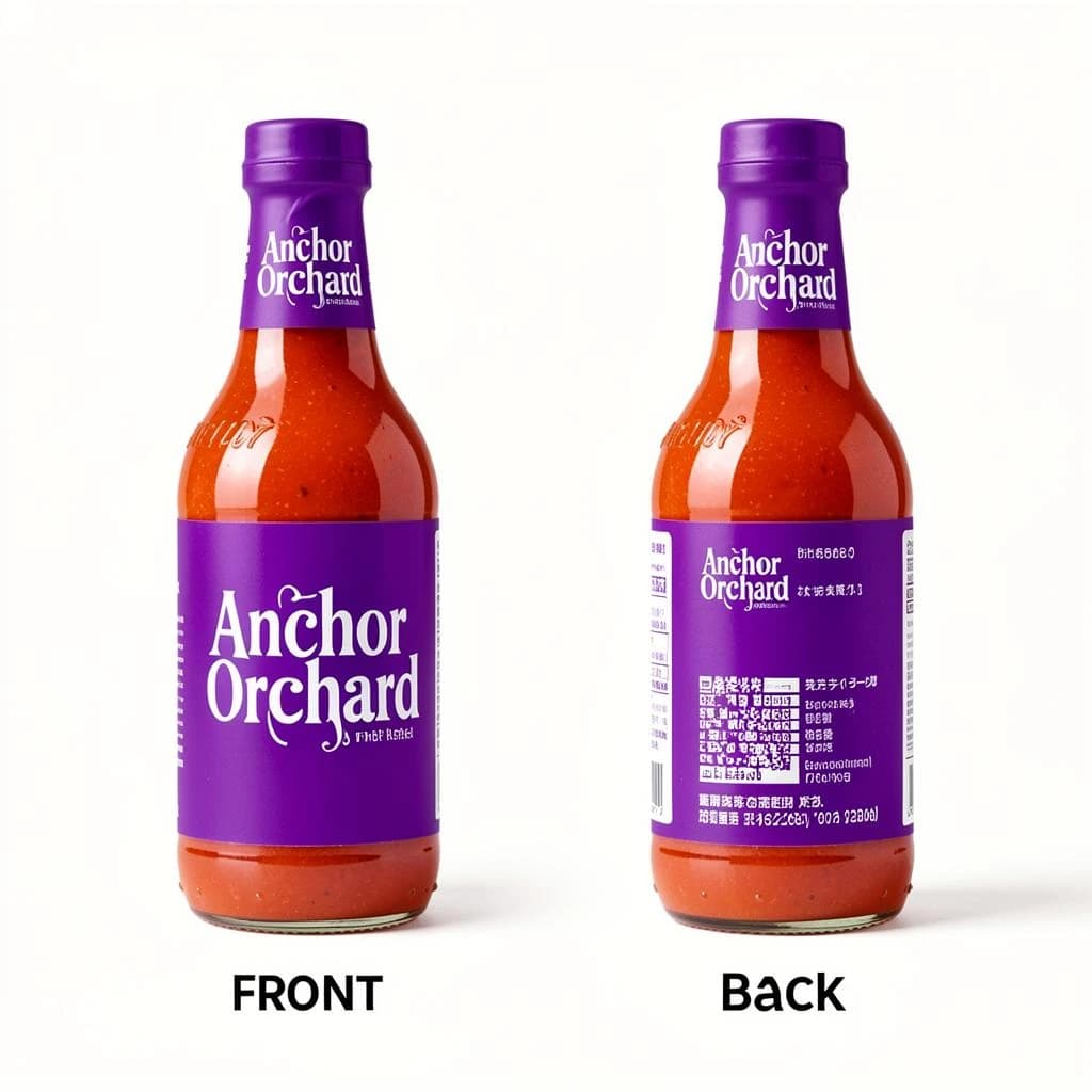 Printed poster: one hot-sauce bottle in two views. The views are captioned "front" and "back" in that order. The wordmark "Anchor Orchard" appears on every view. The purple-and-white coloring is the same across every view, and only the angle changes.