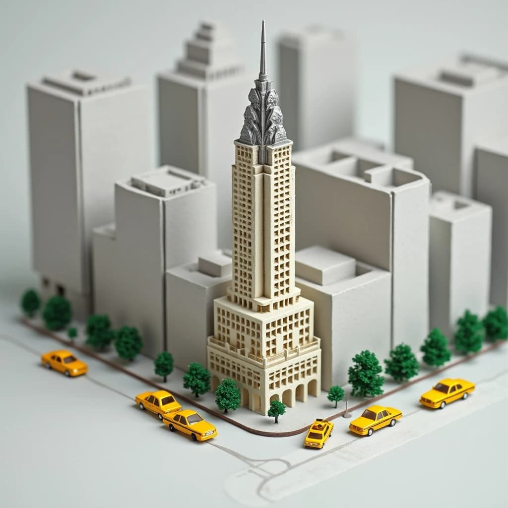 Tilt shift photograph of a hand built architectural scale model of a Midtown Manhattan block, studio lit from the upper left.
The Chrysler Building stands on the corner in polished silver card with its stepped crown and triangular windows. Directly across the street sits a proposed cream limestone tower, two floors shorter, topped by a stepped roof garden. Between them four smaller grey massing blocks in plain foam. Six tiny yellow cabs on the avenue, three stopped at the crossing and three queued behind, with a line of green model trees down the median.