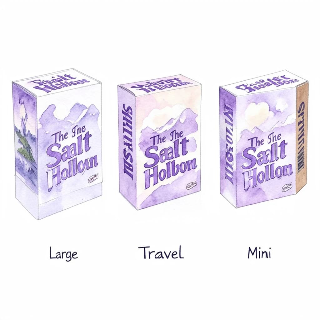 Watercolor of the same board-game box drawn in three editions, captioned "Large", "Travel" and "Mini", every edition carrying the wordmark "The Salt Hollow" in the same purple-and-white coloring, only the box size changing.