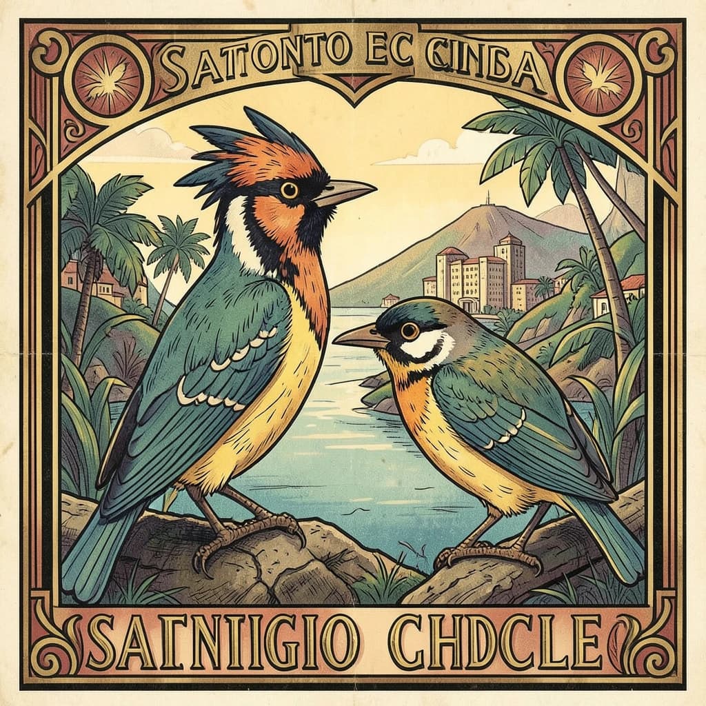 Crested Myna and Gudgeon in Santiago, Chile in the style of art deco