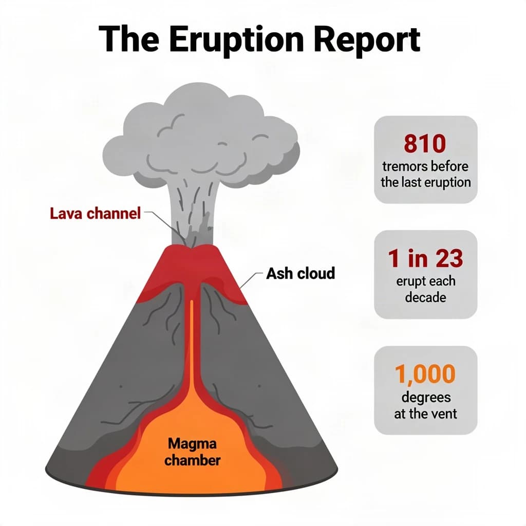 Flat vector illustration titled "The Eruption Report". A cutaway cone sits at the center, carrying three keyed regions, "Lava channel" shaded red, "Ash cloud" shaded gray and "Magma chamber" shaded orange. Three stat chips run down a right column, reading "810 tremors before the last eruption", "1 in 23 erupt each decade" and "1,000 degrees at the vent". Each key color matches the shading of the region it names.
