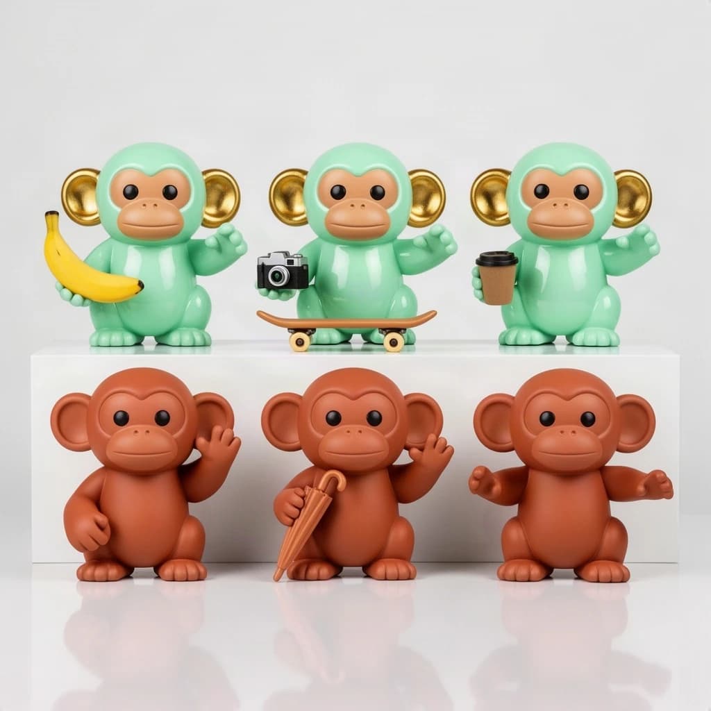 Vinyl designer toy photography: six monkey figures on a glossy white riser, arranged in two rows of three. The back row is glossy mint green, the front row matte terracotta. Each monkey holds a different thing: a banana, a tiny camera, a skateboard, a coffee cup, an umbrella, and the last one holds nothing at all with both hands raised. Only the mint monkeys have gold-painted ears. Crisp studio lighting, tight reflections on the vinyl.