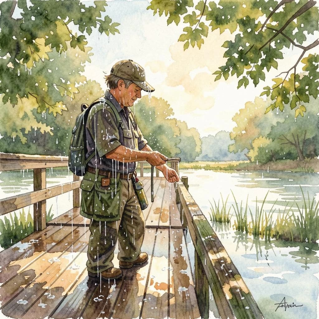 A gardener covered in morning dew on a wooden pier, in dappled afternoon light, low-angle view, watercolor style.