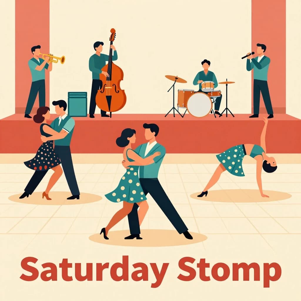 Flat design poster for a swing dance night. Four couples on a wooden floor, each caught in a different move: the front couple in a lift with the follower's feet off the ground, behind them a couple in a side by side kick, a third couple joined by one hand mid spin, and a fourth couple frozen in a dip near the back wall. All followers wear patterned dresses, all leaders wear braces and rolled sleeves. On a low stage behind them, a five piece band: two trumpets, a double bass, a drummer and a singer at a chrome microphone. Bold flat shapes, cream, teal and tomato red. "Saturday Stomp" in chunky letters along the bottom.