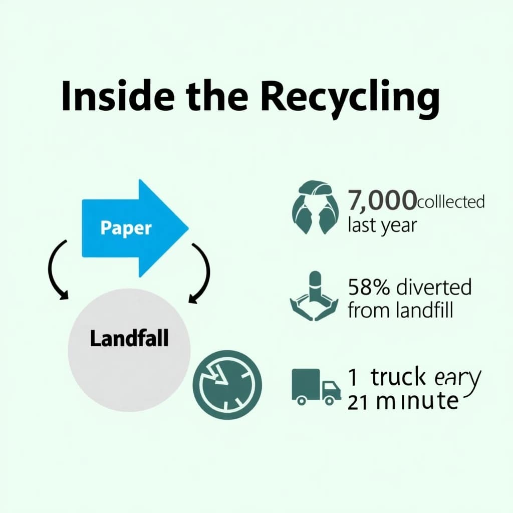 Flat infographic titled "Inside the Recycling": at the center a flow chart from curb to sorting floor, carrying two keyed regions, "Paper" shaded blue and "Landfill" shaded gray, beside a right column of three stat chips reading "7,000 tons collected last year", "58% diverted from landfill" and "1 truck every 21 minutes".