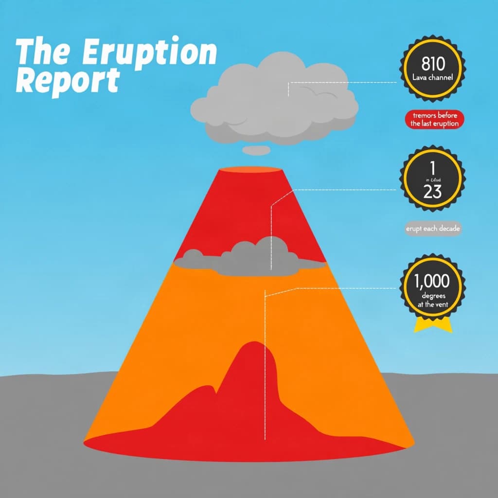 Flat vector illustration titled "The Eruption Report". A cutaway cone sits at the center, carrying three keyed regions, "Lava channel" shaded red, "Ash cloud" shaded gray and "Magma chamber" shaded orange. Three stat chips run down a right column, reading "810 tremors before the last eruption", "1 in 23 erupt each decade" and "1,000 degrees at the vent". Each key color matches the shading of the region it names.