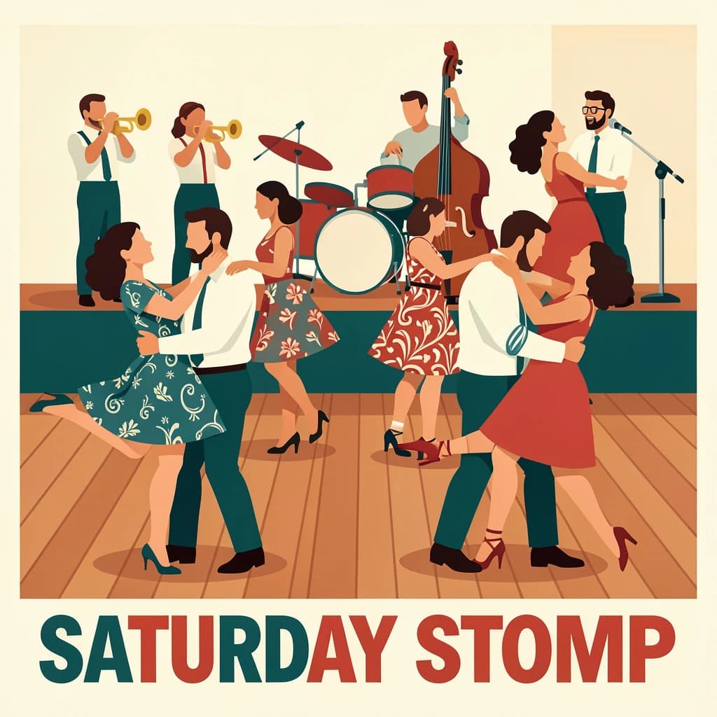 Flat design poster for a swing dance night. Four couples on a wooden floor, each caught in a different move: the front couple in a lift with the follower's feet off the ground, behind them a couple in a side by side kick, a third couple joined by one hand mid spin, and a fourth couple frozen in a dip near the back wall. All followers wear patterned dresses, all leaders wear braces and rolled sleeves. On a low stage behind them, a five piece band: two trumpets, a double bass, a drummer and a singer at a chrome microphone. Bold flat shapes, cream, teal and tomato red. "Saturday Stomp" in chunky letters along the bottom.