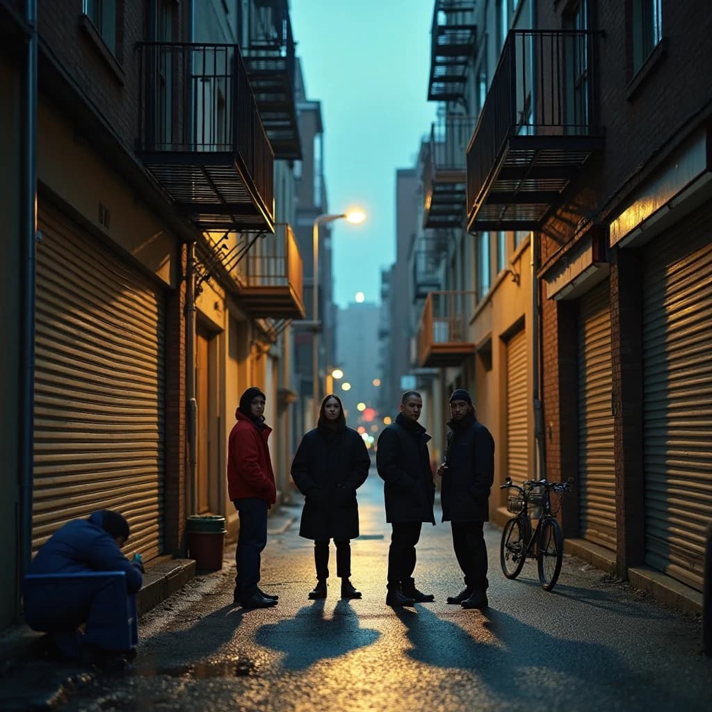 Cinematic photograph for a streetwear campaign, shot straight down a narrow rain-slick alleyway at dusk. Four models spread through the depth of the frame: the nearest crouches on a milk crate in a red puffer, two stand mid-alley in matching black coats, one leaning on a roll-up shutter and one holding a lollipop, and the farthest stands under the single working lamp in white. Three of the six fire escapes above carry laundry lines; the rest are bare. A delivery bike lies on its side between the two middle models. Blurred street traffic only at the far end.