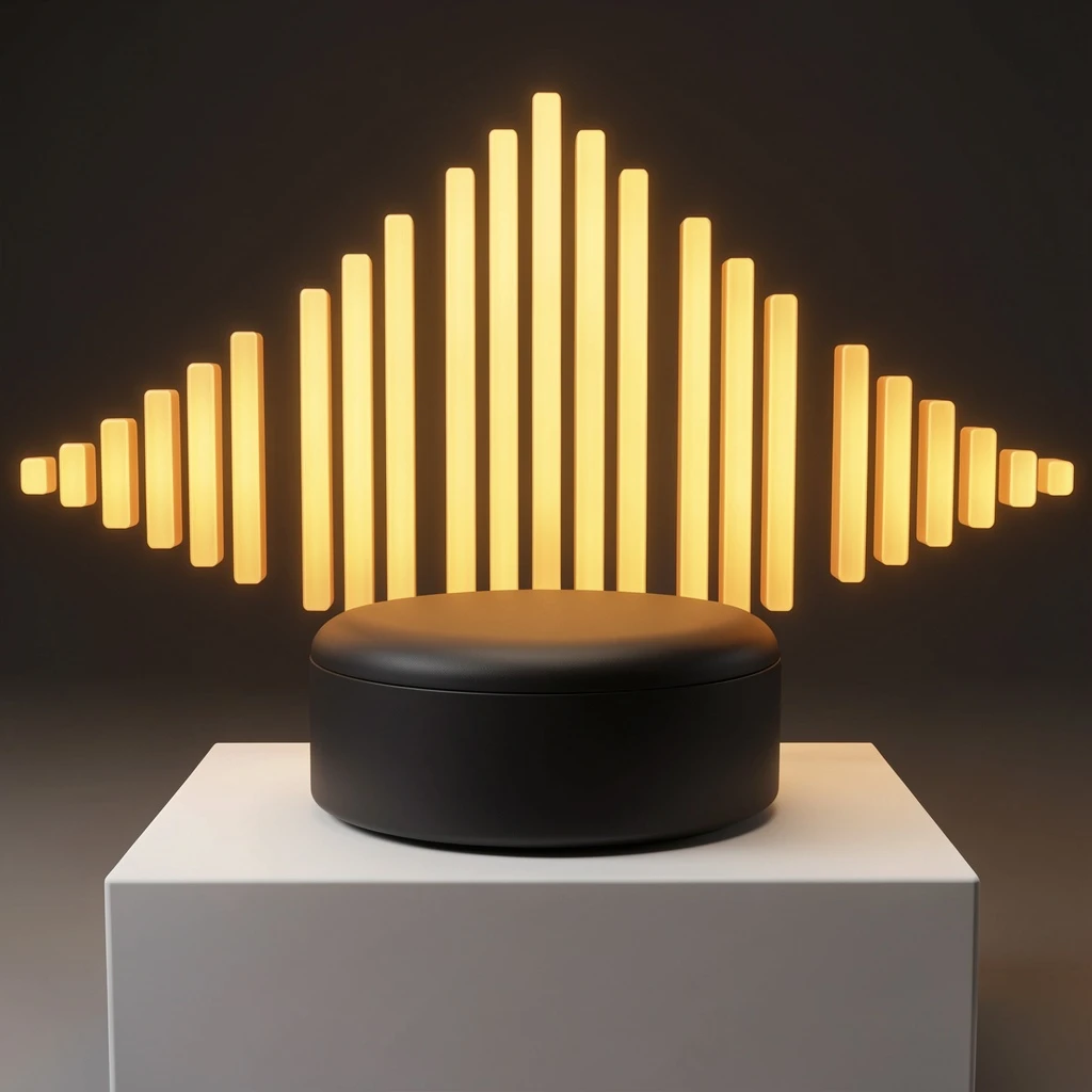 Cinematic 3D render of a matte black speaker puck on a white plinth, with a sound waveform behind it built from fourteen glowing amber bars in a gentle curve, the three tallest centred directly behind the puck and the bars shortening evenly toward both ends.