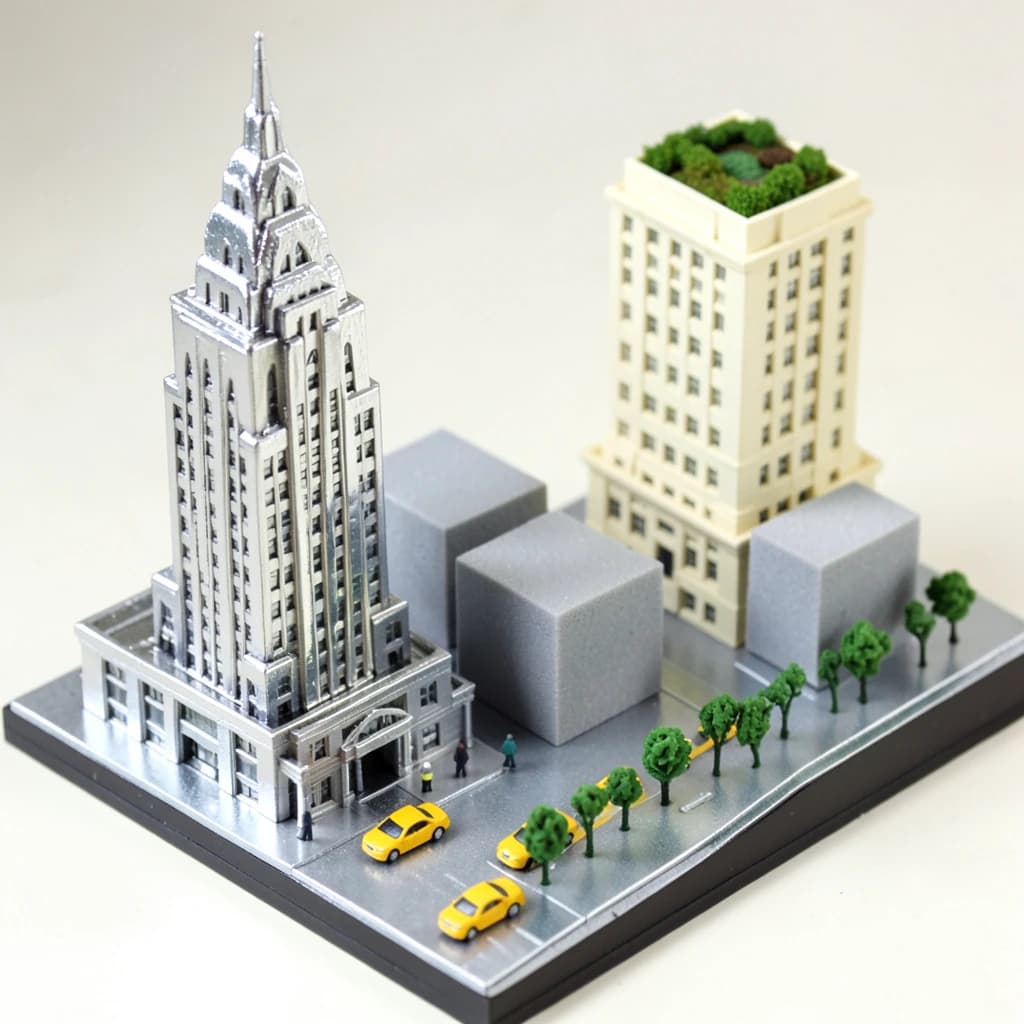 Tilt shift photograph of a hand built architectural scale model of a Midtown Manhattan block, studio lit from the upper left.
The Chrysler Building stands on the corner in polished silver card with its stepped crown and triangular windows. Directly across the street sits a proposed cream limestone tower, two floors shorter, topped by a stepped roof garden. Between them four smaller grey massing blocks in plain foam. Six tiny yellow cabs on the avenue, three stopped at the crossing and three queued behind, with a line of green model trees down the median.