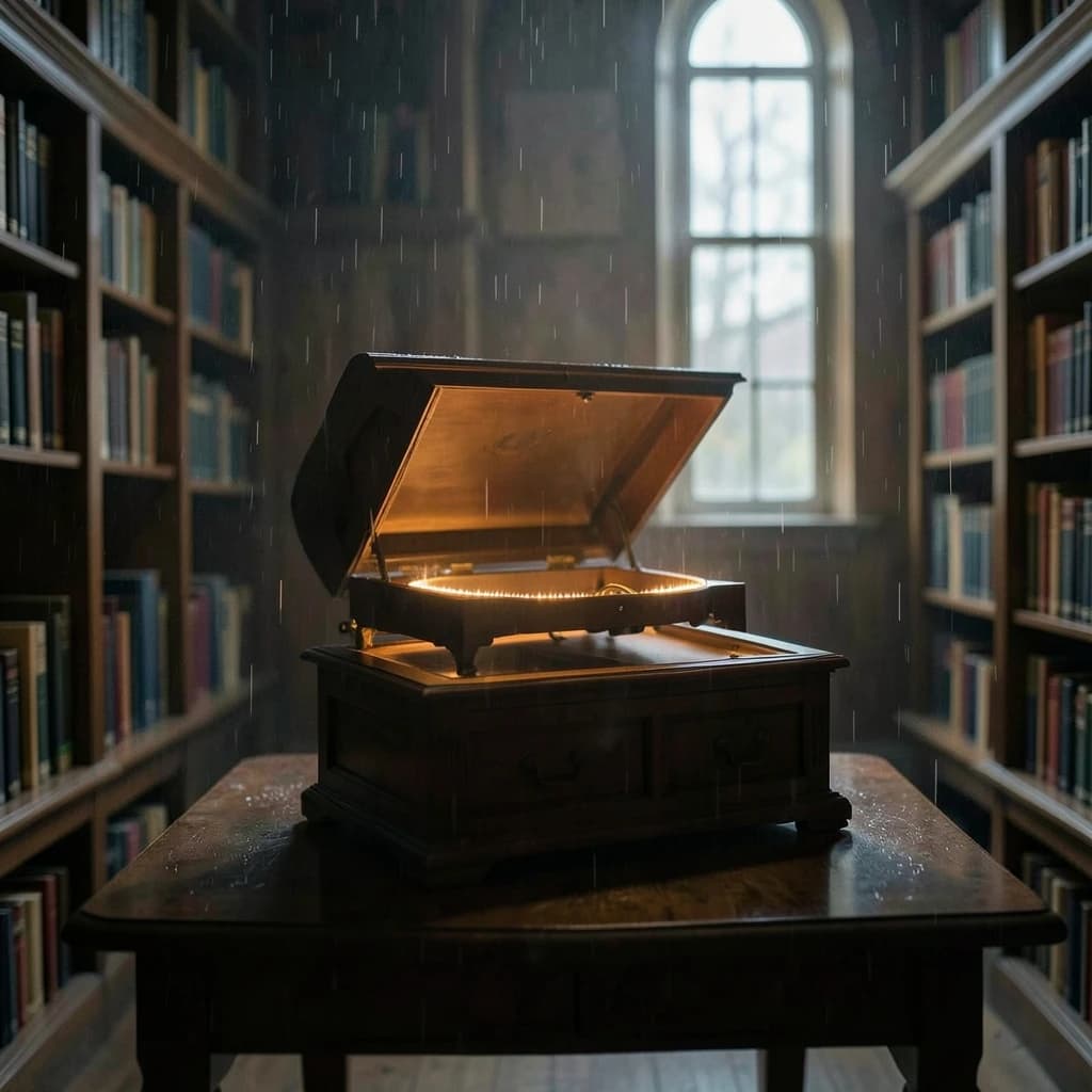 The quiet second when a music box takes on a thin rim of warm light, in a quiet library, in light rain.