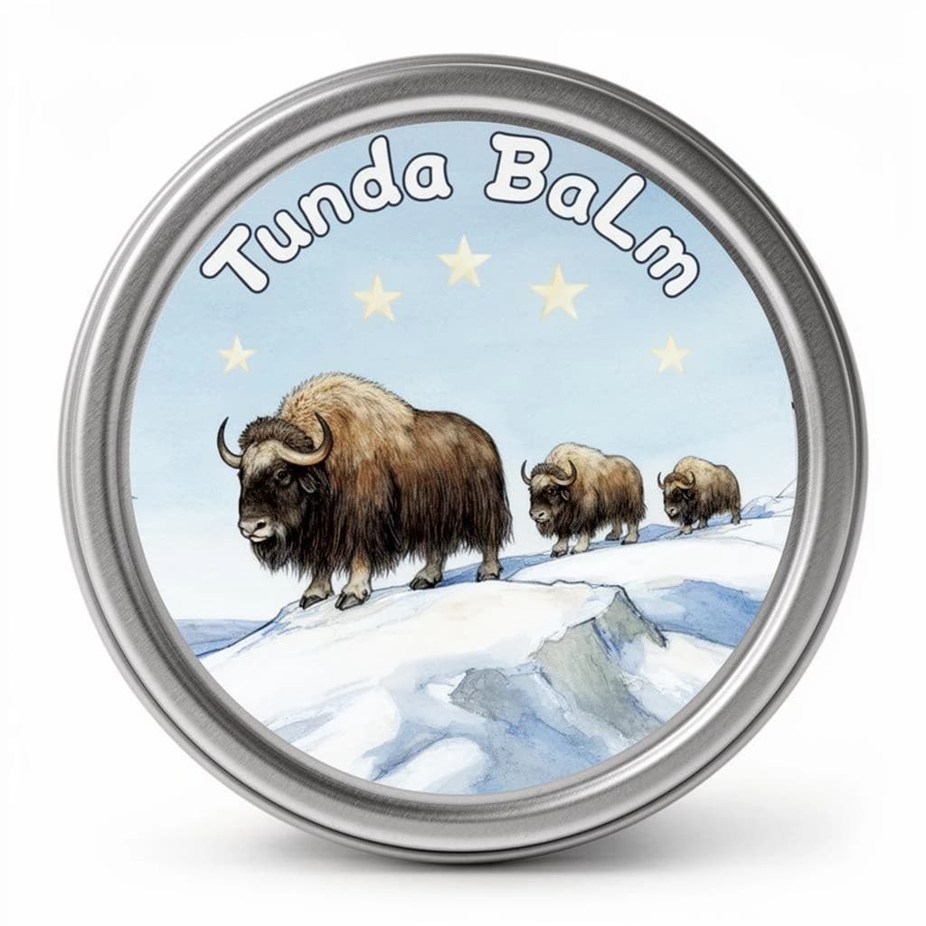 Children's illustration for a balm tin lid: a shaggy musk ox on a snowy ridge with three smaller ones following behind in a line, four pale stars in the sky above, and "Tundra Balm" curved along the top edge in rounded lettering.