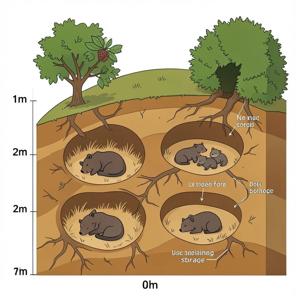 Flat vector cross-section of a badger sett cut through a hillside, soil drawn as layered ochre bands with tree roots threading through. Four chambers at different depths: the deepest lined with dry grass holding two sleeping badgers curled together, one mid level chamber standing empty, one holding three cubs, and a shallow chamber used for bedding storage. Five tunnels connect them, and two entrances break the surface, the left one under a hawthorn and the right one screened by bracken. Labels sit outside the soil profile on hairline leaders, with a depth scale in metres down the left edge.
