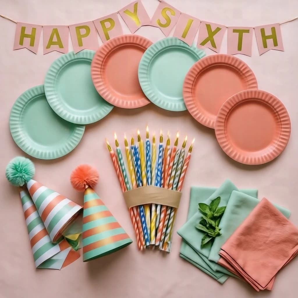 Flat lay photograph on pale pink paper, lit softly from above.
Eight paper plates fanned in an arc across the top of the frame, alternating mint and coral, four of each, mint first from the left.
Below the arc, twelve striped candles bundled under a paper band, laid diagonally.
Three cone party hats stacked at the lower left, only the middle hat trimmed with a pom pom.
At the lower right, six folded napkins in two piles of three, one pile mint and one coral.
A paper banner strung across the very top spells "HAPPY SIXTH" in gold letters, a few letters overlapping the plate arc.