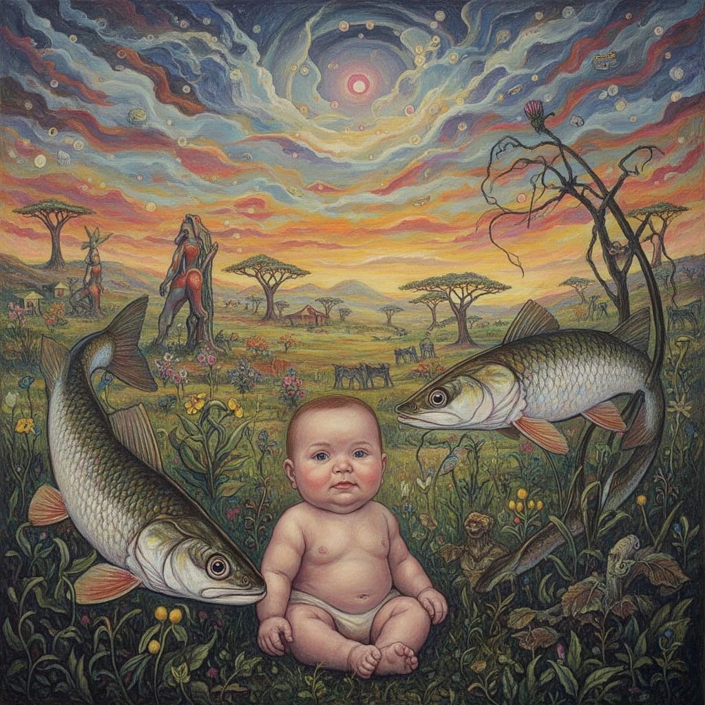 Baby and Garpike in Nairobi, Kenya in the style of surrealist
