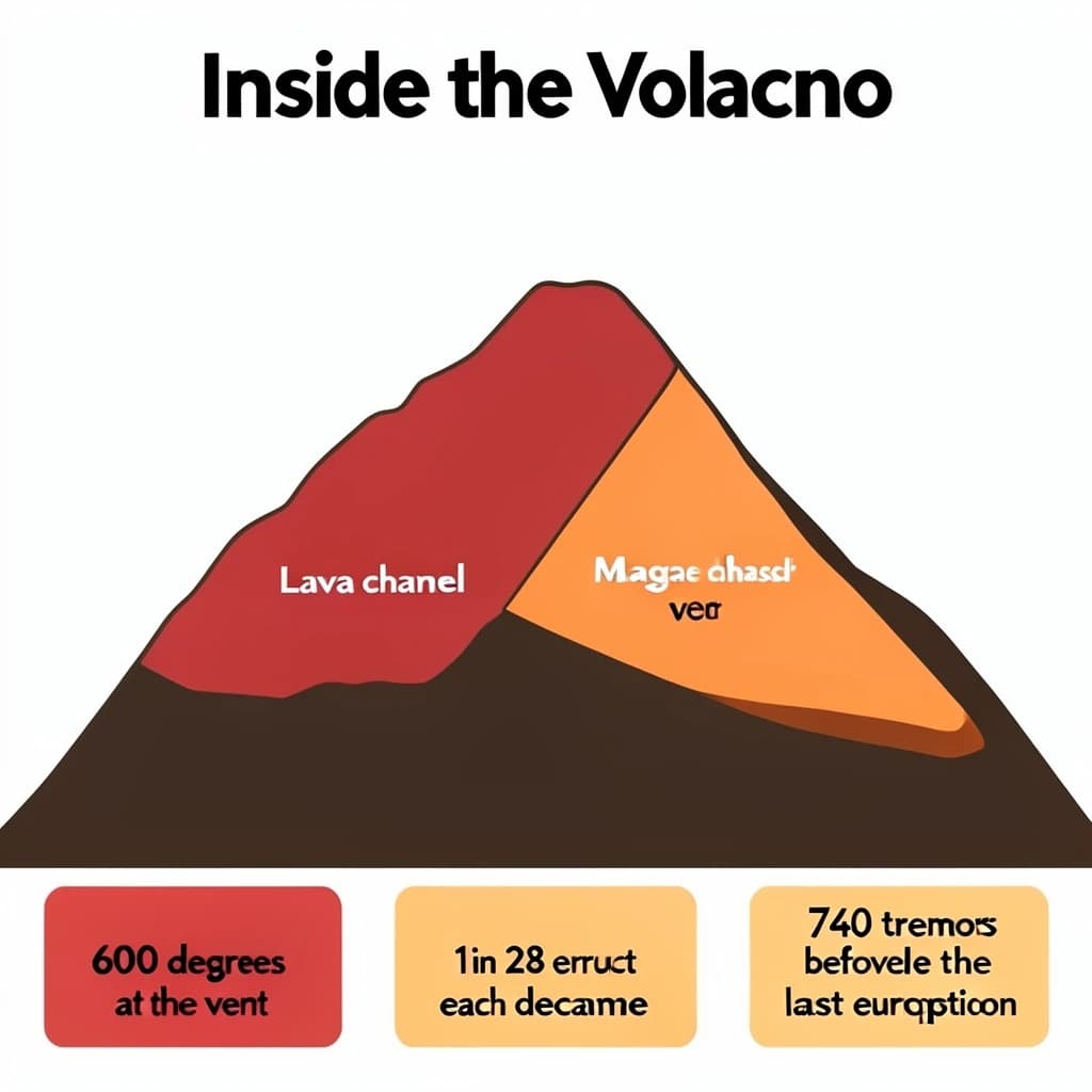 Flat infographic titled "Inside the Volcano". A simplified hazard map of the slopes sits at the center, carrying two keyed regions, "Lava channel" shaded red and "Magma chamber" shaded orange. Three stat chips run down a bottom row, reading "600 degrees at the vent", "1 in 28 erupt each decade" and "760 tremors before the last eruption". Each key color matches the shading of the region it names.