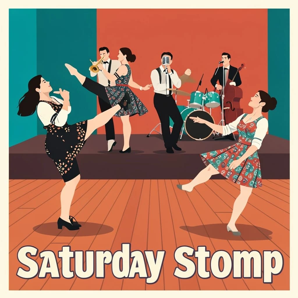 Flat design poster for a swing dance night. Four couples on a wooden floor, each caught in a different move: the front couple in a lift with the follower's feet off the ground, behind them a couple in a side by side kick, a third couple joined by one hand mid spin, and a fourth couple frozen in a dip near the back wall. All followers wear patterned dresses, all leaders wear braces and rolled sleeves. On a low stage behind them, a five piece band: two trumpets, a double bass, a drummer and a singer at a chrome microphone. Bold flat shapes, cream, teal and tomato red. "Saturday Stomp" in chunky letters along the bottom.