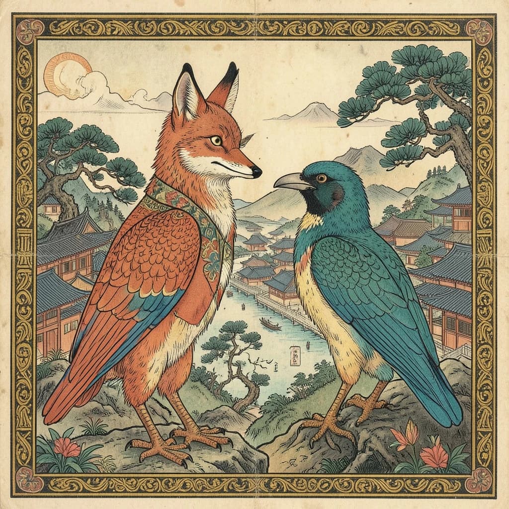 Fox and Turaco in Pyongyang, North Korea in the style of byzantine