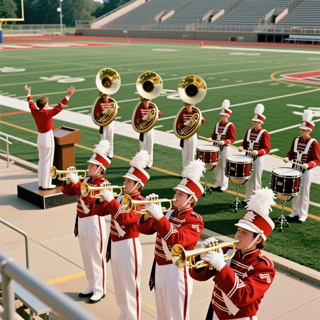 Nineteen seventies Kodachrome-era colour film look, faded warm grain and slight overexposure: a high school marching band seen from a stadium walkway. Front rank of five trumpet players in red and white uniforms, all with horns raised. Behind them three sousaphones in a triangle, the middle player caught mid turn. A line of four drummers to the right, the snare drummer nearest the camera mid stroke. A single drum major stands on a podium at the far left with his back to us, arms up. Empty green field behind them.