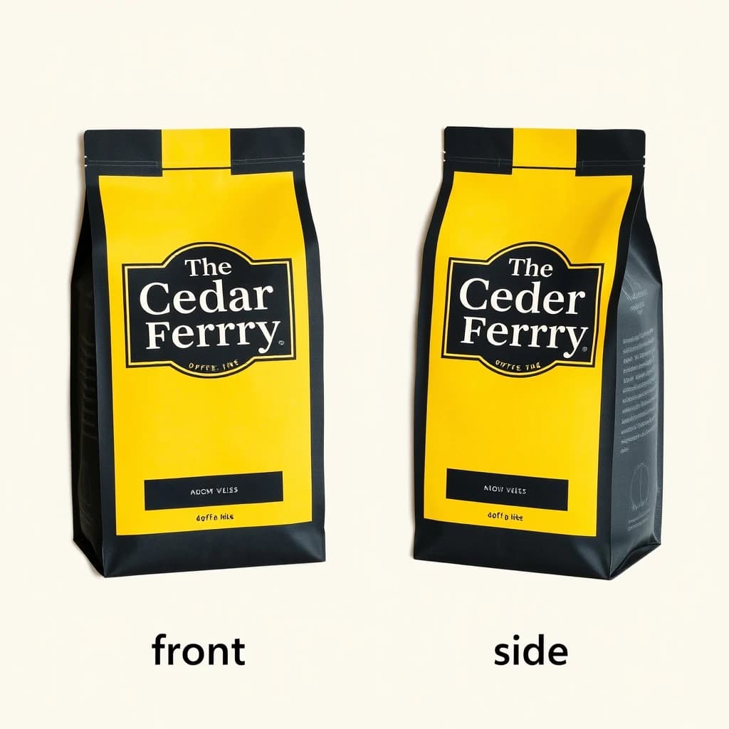 Cut-paper collage: one coffee bag in two views. The views are captioned "front" and "side" in that order. The wordmark "The Cedar Ferry" appears on every view. The black-and-yellow coloring is the same across every view, and only the angle changes.