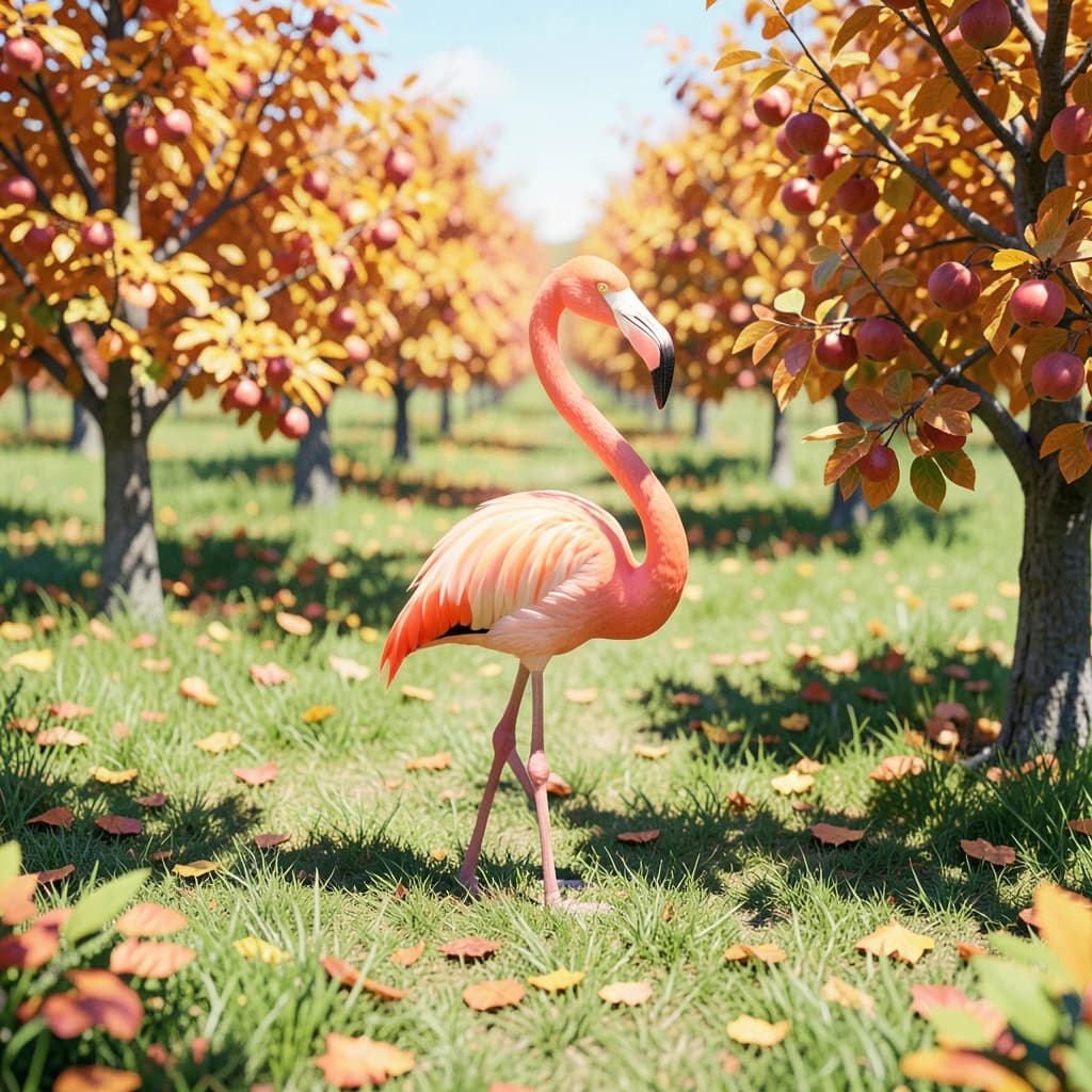 flamingo, autumn orchard, bright midday sun, telephoto compression, isometric 3D, subtle texture
