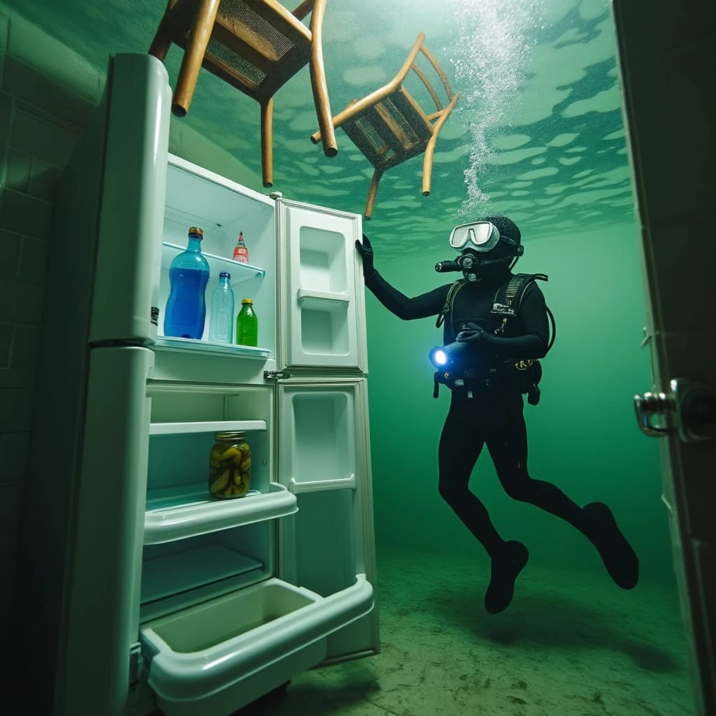 Underwater photograph inside a flooded apartment kitchen, silt green water, one window's worth of light from above. The refrigerator stands with its door swung open; three plastic bottles drift upward out of it, one still capped and two open and trailing bubbles, while a jar of pickles stays wedged on the middle shelf. A diver in a black wetsuit hovers to the right of the door, one hand on the top hinge, the other aiming a torch into the empty vegetable drawer. Two wooden chairs float against the ceiling above her, a third lies on its side on the tiles. Suspended particles, cold contrast, slow shutter softness.