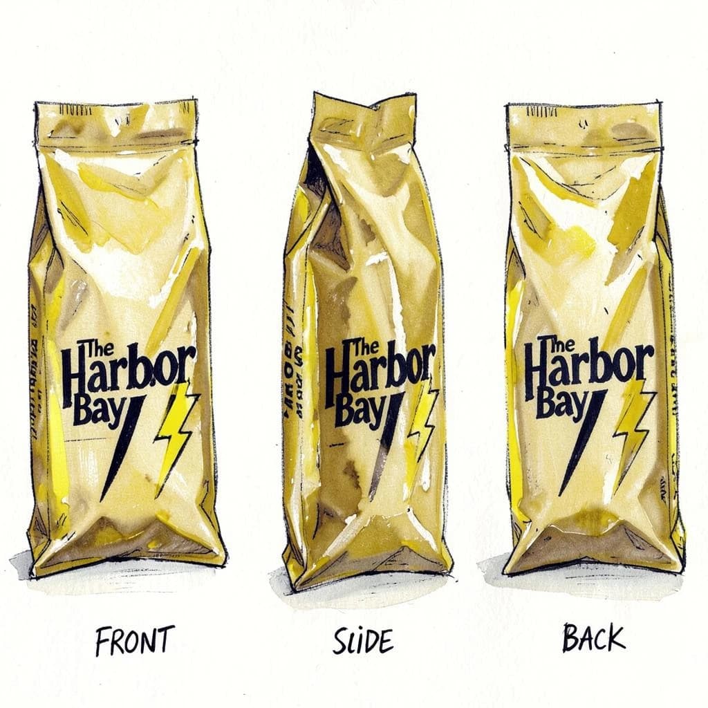 Gouache painting of the same coffee bag drawn in three views, captioned "front", "side" and "back", every view carrying the wordmark "The Harbor Bay" with a lightning-bolt symbol beside it in the same black-and-yellow coloring, only the angle changing.