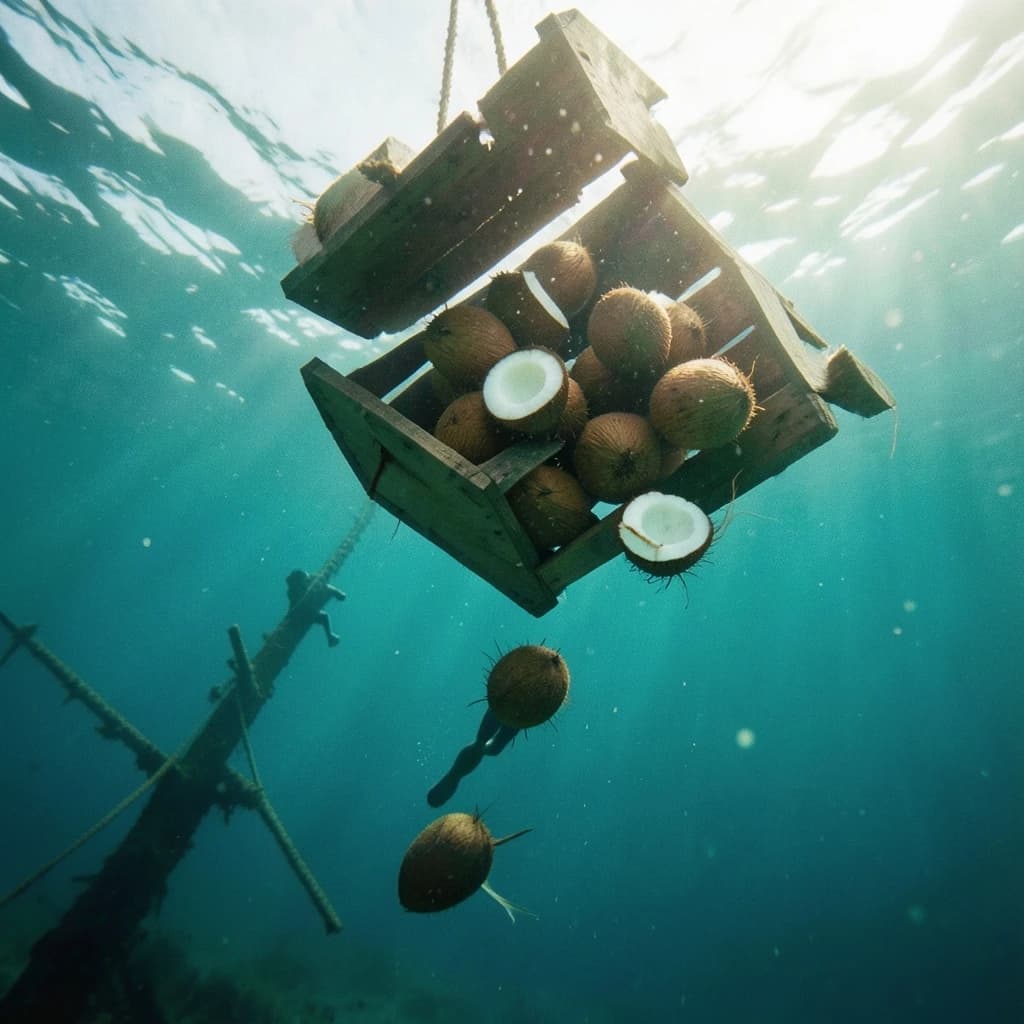 Underwater photography, film still from a castaway feature, shot from six metres down looking up toward the surface. A wooden crate has burst mid-sink: nine coconuts drift out of it, five still husked and pale brown, four split open and white, the split ones sinking faster than the whole ones. The crate hangs above them, lid half torn away, roped to a sunken mast that runs out of frame to the lower left. A swimmer silhouetted against the bright surface reaches down toward the nearest whole coconut, one fin missing. Blue green water column, sunbeams, drifting particles, natural light only.