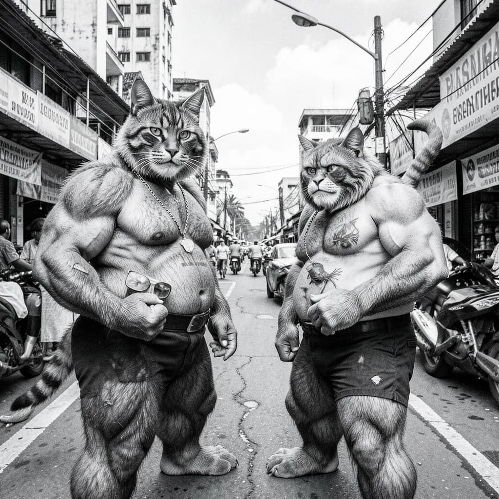 Channel Cat and Megathere in Manila, Philippines in the style of black and white